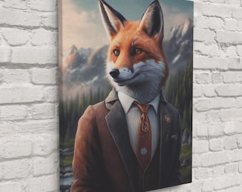 Zorro elegante con traje: retrato animal caprichoso para pared / Impresión en lienzo o vidrio de zorro de moda / ¡Envío gratis!