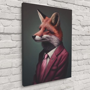 May include: A canvas print featuring a fox with red fur, wearing a pink suit, white shirt, and pink tie. The fox is depicted in a formal portrait style against a dark green background. The artwork is mounted on a wooden frame.