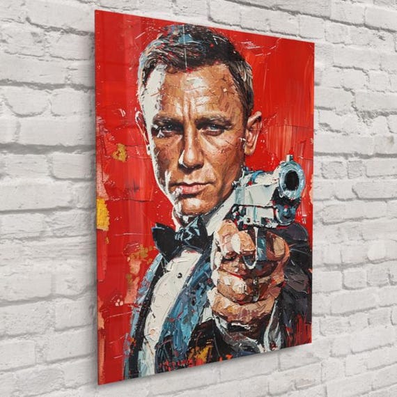 James Bond Gun Portrait – Daniel Craig 007 With Red Background