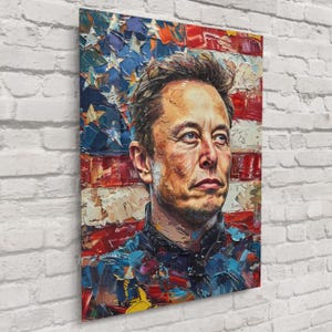Elon Musk Portrait with American Flag – Iconic Entrepreneur Portrait, Modern Tech Decor, Bold Celebrity Wall Art | Free Shipping!
