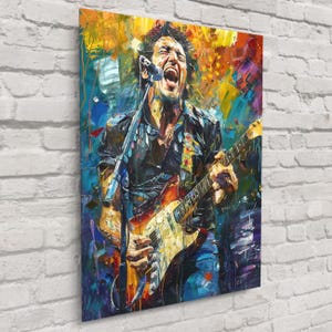 May include: A vibrant, expressionistic painting of a musician singing into a microphone while playing an electric guitar. The artwork features bold brushstrokes and a colorful palette of blues, yellows, and reds. The subject is wearing a dark shirt.