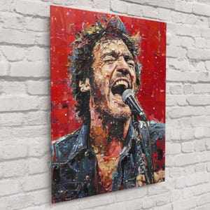 Puede incluir: Una vibrante pintura al óleo sobre lienzo representa a un hombre cantando en un micrófono. La obra de arte presenta pinceladas audaces y una rica paleta de colores dominada por el rojo y tonos de azul y marrón. El rostro del sujeto es expresivo.