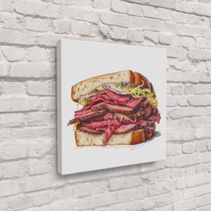 Pastrami Sandwich Wall Art – Minimalist Food Illustration Print on Glass or Canvas | Kitchen Decor | Modern Foodie | Free Shipping