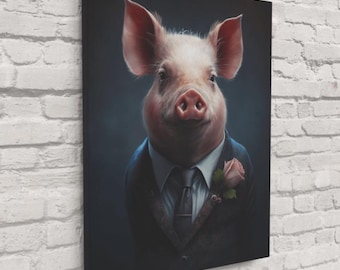 Cerdito fantástico con traje: retrato animal caprichoso para pared / Impresión en lienzo o cristal de cerdo a la moda / Envío gratuito