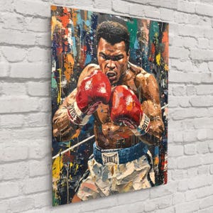 Plakat pop-art Muhammada Alego – sztuka ścienna w stylu vintage z motywem boksu, dekoracja z motywem bohaterów sportowych, plakat z historią lekkoatletyki, nowoczesna sztuka inspirująca | Darmowa wysyłka
