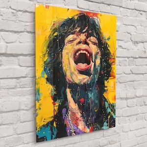 May include: A vibrant, expressionistic portrait on canvas. The artwork features a person with their mouth wide open, set against a bright yellow background. The painting uses bold brushstrokes and a vivid color palette, with splashes of blue, black, and red.