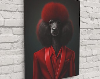 Caniche elegante con traje: arte mural con retrato animal caprichoso / Impresión en lienzo o cristal de caniche a la moda / Envío gratuito
