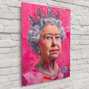 Queen Elizabeth Portrait With Pink Background – Iconic Royal Wall Art, Modern History Decor, Bold Regal Print | Free Shipping!