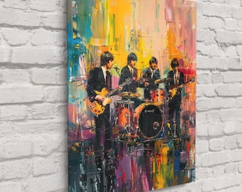 May include: An abstract painting of a band performing on stage. The artwork features four figures in black suits playing guitars and drums. The background is a vibrant mix of colors, including yellow, orange, and purple, with visible brushstrokes.