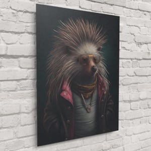 Puercoespín Posador – Retrato de animal caprichoso para pared / Impresión de puercoespín en lienzo o vidrio / Envío gratuito Metal