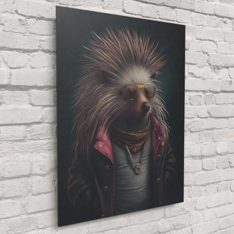 Puercoespín Posador – Retrato de animal caprichoso para pared / Impresión de puercoespín en lienzo o vidrio / Envío gratuito Metal