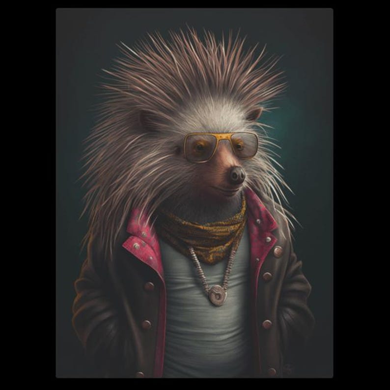 Puercoespín Posador – Retrato de animal caprichoso para pared / Impresión de puercoespín en lienzo o vidrio / Envío gratuito imagen 9