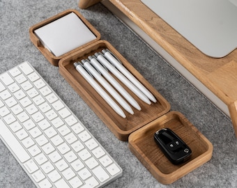 Office Desk Organizer Set, Set of 3 Wooden Desk Organizer, Pen Holder, Sticky Note Holder, Catch All Tray, Office Desk Accessories