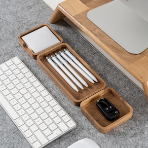 Office Desk Organizer Set, Set of 3 Wooden Desk Organizer, Pen Holder, Sticky Note Holder, Catch All Tray, Office Desk Accessories