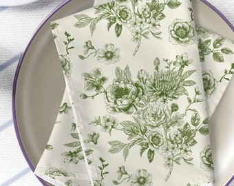 French Toile Countryside Napkins French Toile Country Napkins Green Cream Napkins Spring Floral Napkins Toile Napkins Bridal Wedding Napkins