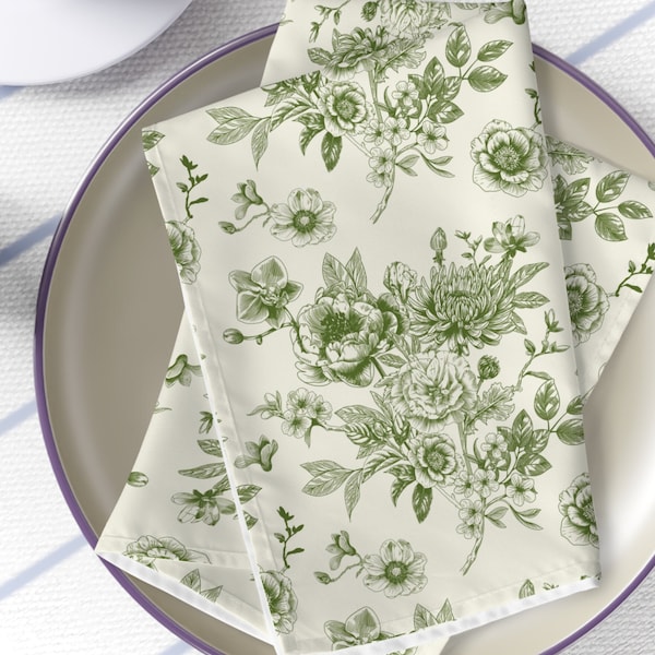French Toile Countryside Napkins French Toile Country Napkins Green Cream Napkins Spring Floral Napkins Toile Napkins Bridal Wedding Napkins