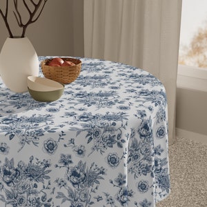 French Country Tablecloth Blue Baby Shower Decor Bridal Shower Table Topper Vintage Floral Home Decor Floral Toile Decor French Country