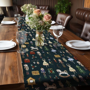May include: A teal blue table runner with a repeating pattern of nutcracker soldiers, ballerinas, rocking horses, and Christmas ornaments. The runner is on a dark wood table with a vase of pink and white flowers in the center.
