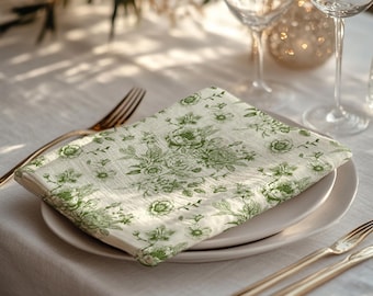French Country Toile Napkins, Green Floral Cloth (Set of 4)