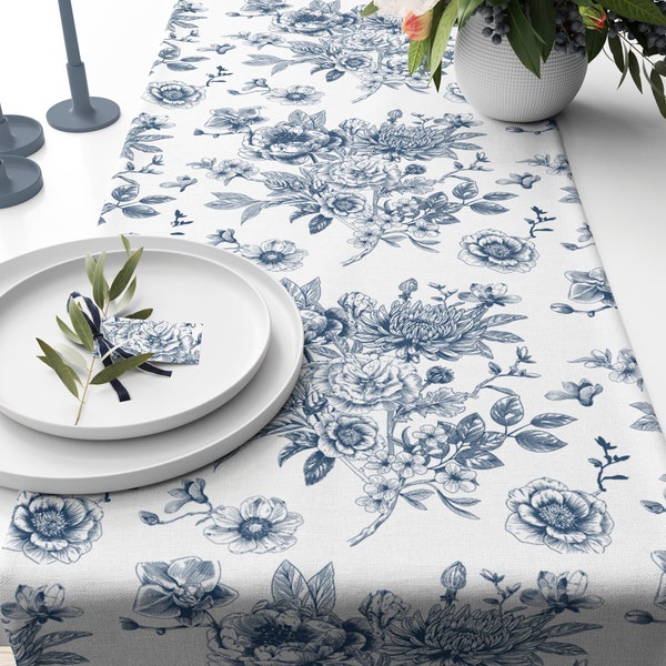 French Toile Countryside Table Runner French Toile Country Table Runner French Themed Decor Blue Wedding Table Runner Spring Table Runner