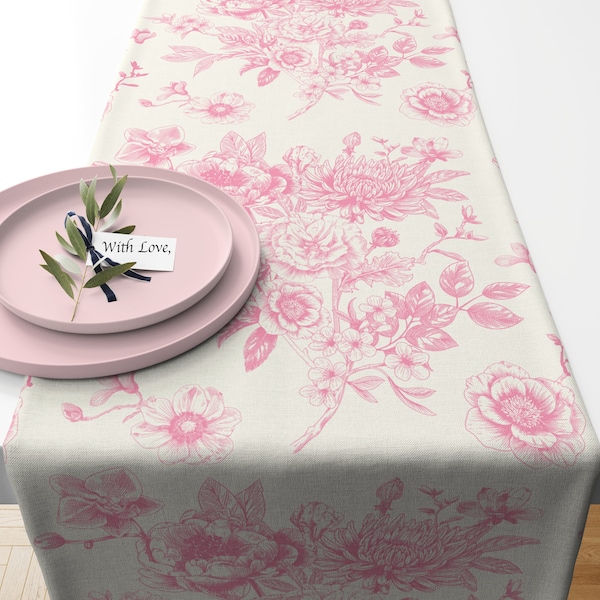 French Toile Countryside Table Runner French Toile Country Table Runner French Themed Decor Toile Decor Country French Table Runner Pink