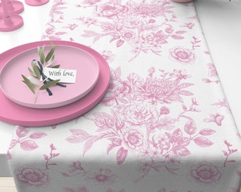 Pink French Toile Table Runner, Floral Country Decor