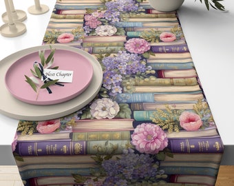 Floral Books Table Runner, Book Club Party Decor