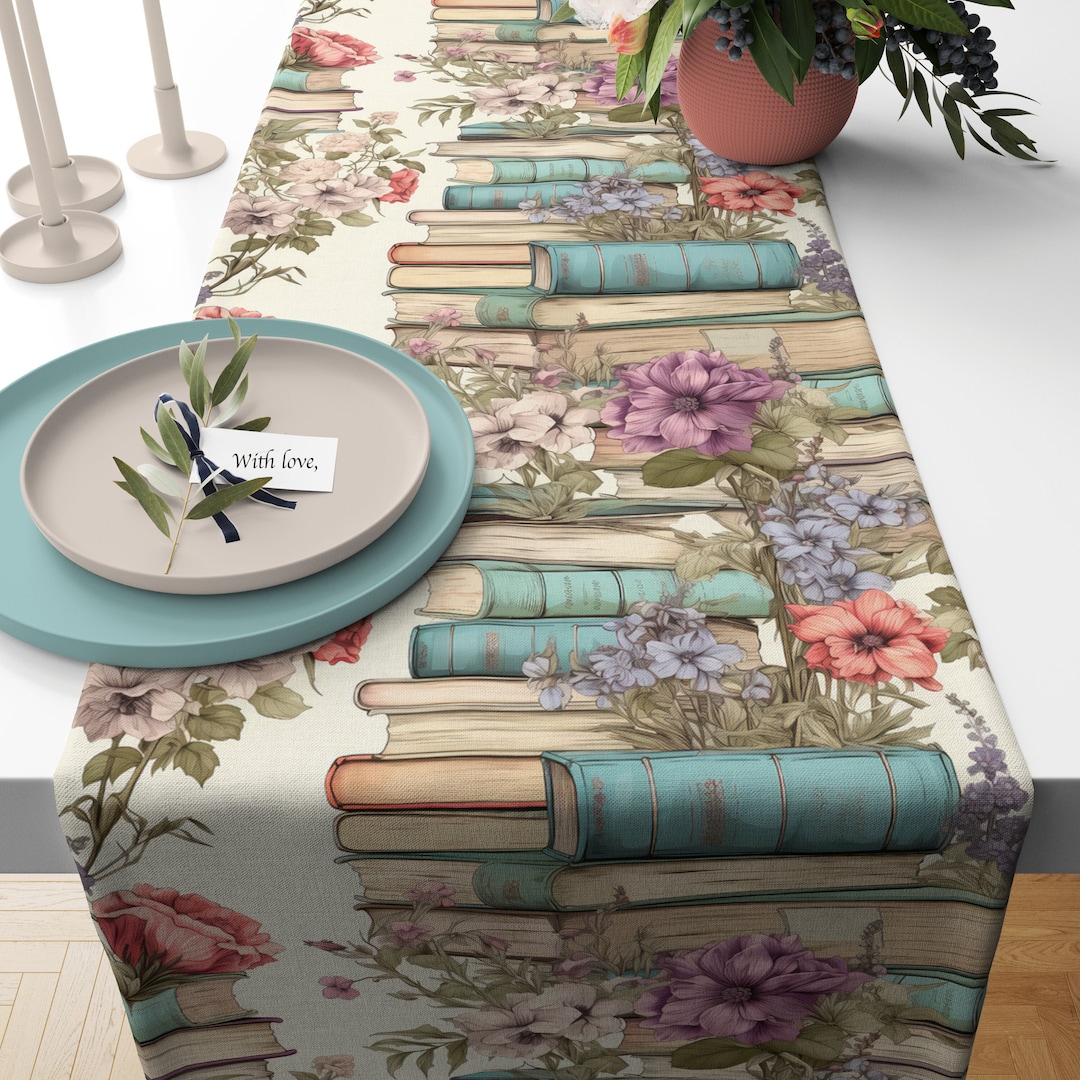 Book Stack Table Decor Floral Book Stack Table Runner, Literary Party Decor - Etsy