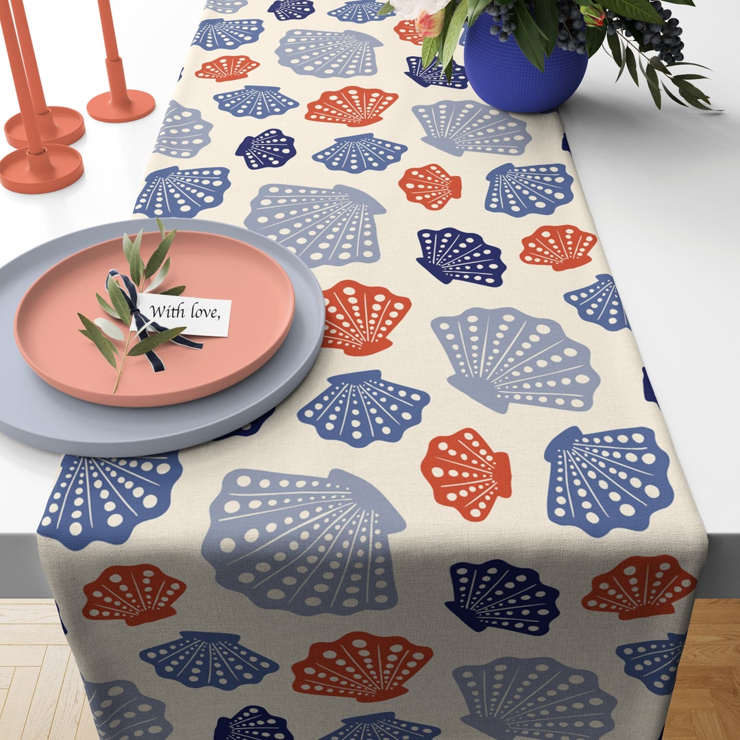 Runner Seashell Coastal Table Runner: Blue & Orange Seashell Print - Etsy
