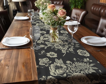 French Toile Table Runner, Black & Cream Floral Bouquet