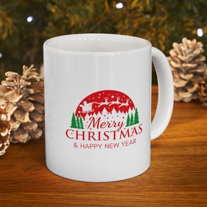 Merry Christmas & Happy New Year Santa Mug, 2023 Ceramic Mug 11oz, Santa Claus and Reindeer, Christmas Gifts, Funny New Year Gifts