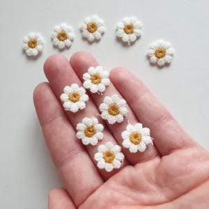 Peut inclure: Dix appliques en tissu de fleurs de marguerite blanches avec des centres dorés. Les appliques sont petites et délicates, parfaites pour ajouter une touche de fantaisie à l'artisanat et aux projets.