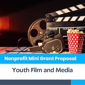 May include: A black and white clapperboard with the words "SCENE", "TAKE", and "ROLL" on it. A vintage film camera and a reel of film are in the foreground. A red and white polka dot bucket filled with popcorn is in front of the clapperboard. The image is set against a dark background with a spotlight shining on the left side.
