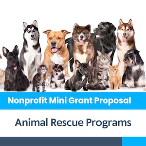 May include: A group of dogs and cats of various breeds and colors, including a husky, a pit bull, a schnauzer, a bulldog, a french bulldog, and a tabby cat. The animals are all sitting or standing in a row, looking at the camera. The image is captioned "Nonprofit Mini Grant Proposal Animal Rescue Programs".