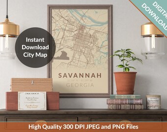 Savannah Georgia City Map. Printable Town Map Wall Decor. 18x24 300 DPI JPEG and PNG. Instant Download of Savannah Map.