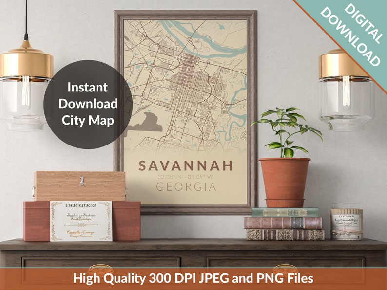 Savannah Georgia City Map. Printable Town Map Wall Decor. - Etsy