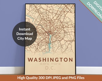 Washington DC City Map. Printable Town Map Wall Decor. 18x24 300 dpi JPEG and PNG. Instant Download of Washington Map.