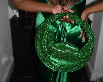 Glitz Green Crescent Bag | Size Medium | Party Christmas Sparkle Glitter