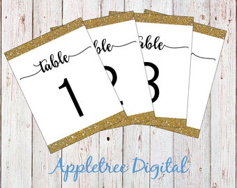 Gold Glitter Wedding Table Numbers 1-20 - Instant Download - PDF and PNG files
