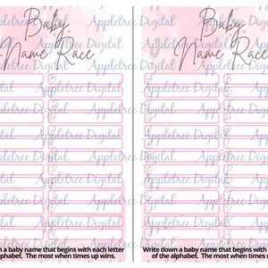 Baby Name Race Game - Pink Watercolor - Baby Shower Game - Baby Name Race Game - INSTANT DOWNLOAD