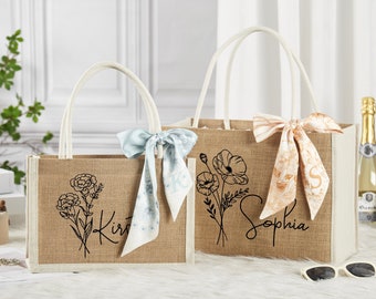 Personalisierte Blumen-Einkaufstasche für den Geburtsmonat, individuelle Jute-Einkaufstasche, Brautjungfern-Geschenktasche, Monogramm-Jute-Strandtasche, Hochzeitsgeschenke