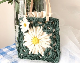 Summer Days Daisy Bag Crochet Pattern, Hand Woven Boho Bag, Cotton Crcohet Shoulder Bag, Handmade Women's Tote Bag, Gift For Her