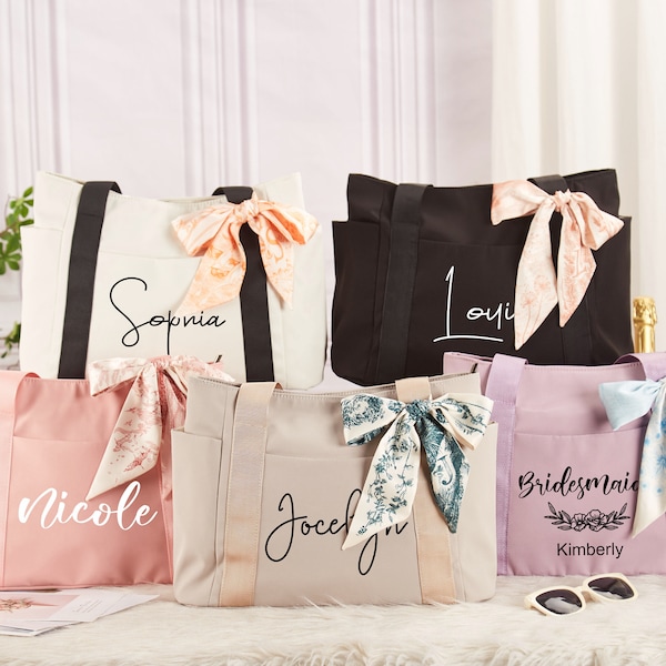 Personalized Tote Gifts Bag,Monogram Beach Tote Bag,Bridesmaid Bags with Alphabet Scarf,Custom Tote Bag for Bride,Bachelorette Gift for Her