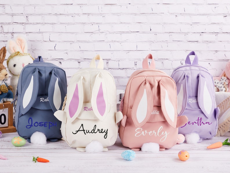 Personalized Embroidered Backpack, Bunny Ears Backpack, Rabbit Backpack with Name, Easter Bunny Bag,Kids Name Backpack,School Bag for Girls image 3