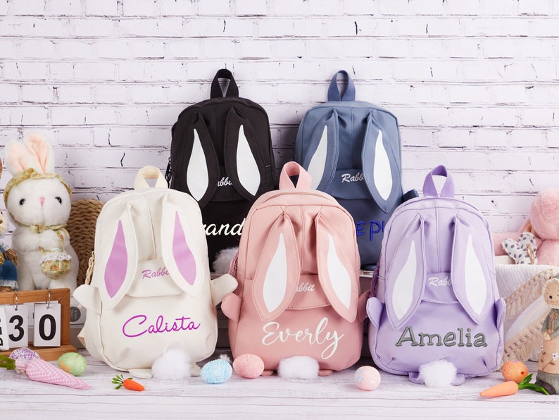 Personalized Embroidered Backpack, Bunny Ears Backpack, Rabbit Backpack with Name, Easter Bunny Bag,Kids Name Backpack,School Bag for Girls image 1