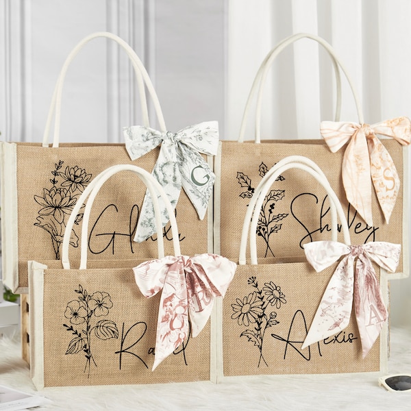 Personalized Birth Flower Tote Bags with Name, Custom Burlap Tote Bag, Jute Bag, Wedding Welcome Gift Bag,Bridesmaid Gift Bag,Beach Tote Bag