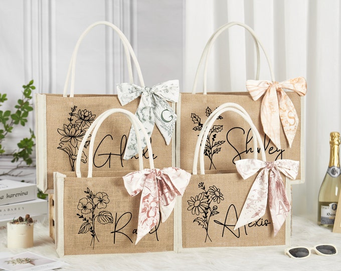 Personalized Birth Flower Tote Bags with Name, Custom Burlap Tote Bag, Jute Bag, Wedding Welcome Gift Bag,Bridesmaid Gift Bag,Beach Tote Bag