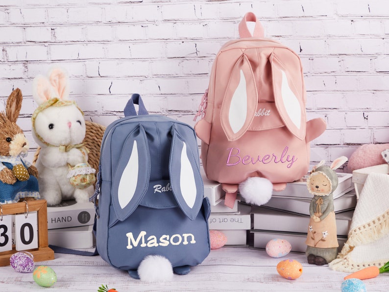 Personalized Embroidered Backpack, Bunny Ears Backpack, Rabbit Backpack with Name, Easter Bunny Bag,Kids Name Backpack,School Bag for Girls image 9