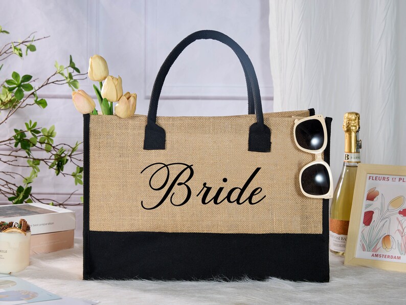 Personalized Tote Gift Bags,Bridesmaid Beach Tote Bag,Name Jute Bags,Custom Burlap Tote Bag for Bride,Bridesmaid Gifts Bag,Bachelorette Gift image 1