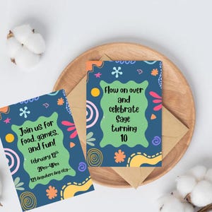 May include: Two invitation cards with a navy blue background and colourful abstract designs. The cards have text that reads "Join us for food, games, and fun!" and "Flow on over and celebrate Sage turning 10."